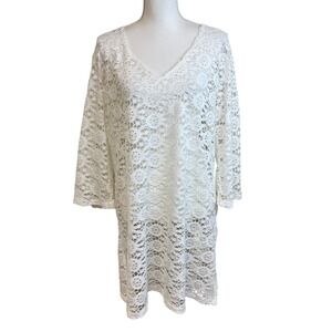 J VALDI Sheer White Lace V Neck 3/4 Sleeve Tunic Cover Up Dress L Swim Vacation